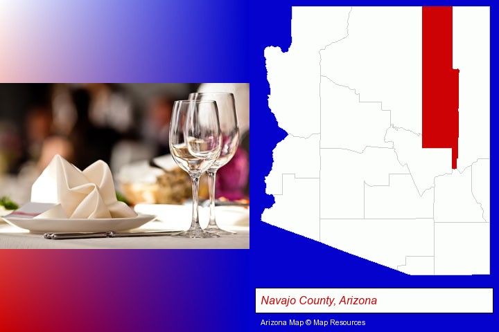 a restaurant table place setting; Navajo County, Arizona highlighted in red on a map