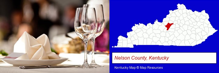 a restaurant table place setting; Nelson County, Kentucky highlighted in red on a map