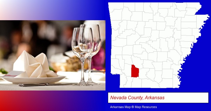 a restaurant table place setting; Nevada County, Arkansas highlighted in red on a map