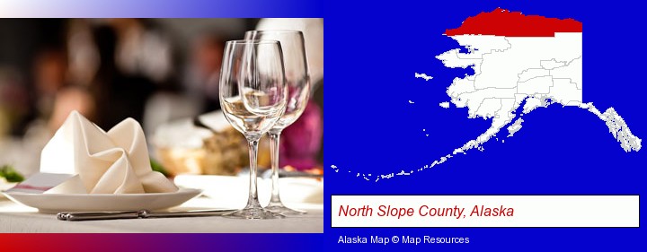 a restaurant table place setting; North Slope County, Alaska highlighted in red on a map