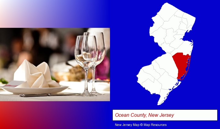 a restaurant table place setting; Ocean County, New Jersey highlighted in red on a map