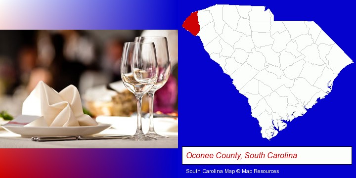 a restaurant table place setting; Oconee County, South Carolina highlighted in red on a map