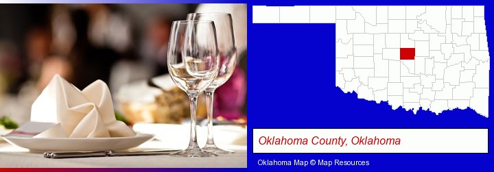 a restaurant table place setting; Oklahoma County, Oklahoma highlighted in red on a map