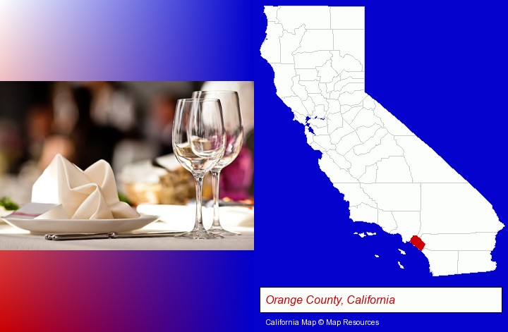 a restaurant table place setting; Orange County, California highlighted in red on a map