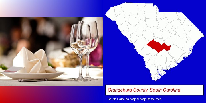 a restaurant table place setting; Orangeburg County, South Carolina highlighted in red on a map