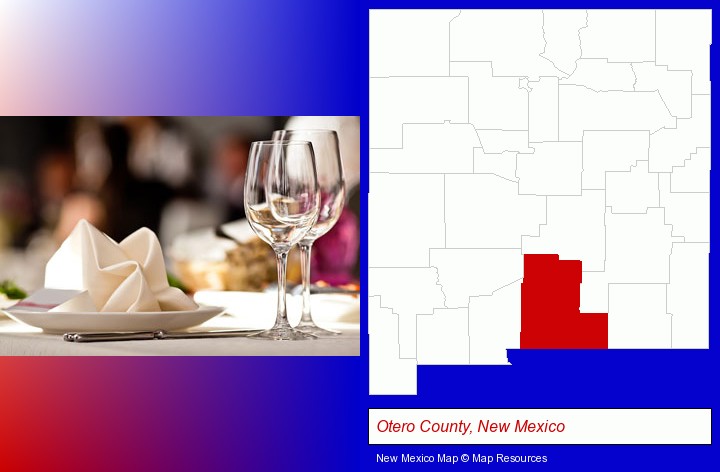 a restaurant table place setting; Otero County, New Mexico highlighted in red on a map