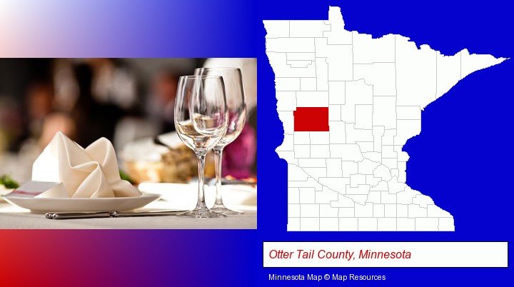 a restaurant table place setting; Otter Tail County, Minnesota highlighted in red on a map