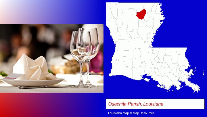 a restaurant table place setting; Ouachita Parish, Louisiana highlighted in red on a map