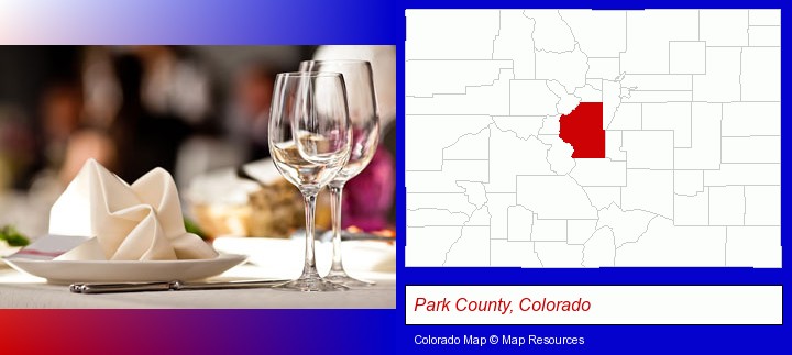 a restaurant table place setting; Park County, Colorado highlighted in red on a map