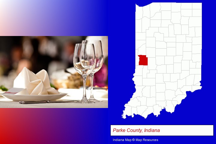 a restaurant table place setting; Parke County, Indiana highlighted in red on a map