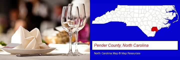 a restaurant table place setting; Pender County, North Carolina highlighted in red on a map