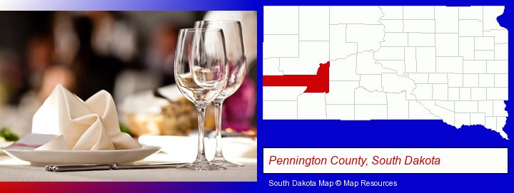 a restaurant table place setting; Pennington County, South Dakota highlighted in red on a map