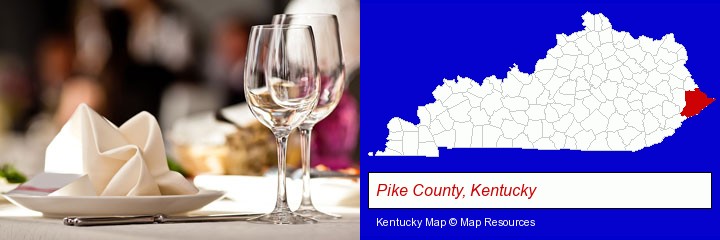 a restaurant table place setting; Pike County, Kentucky highlighted in red on a map