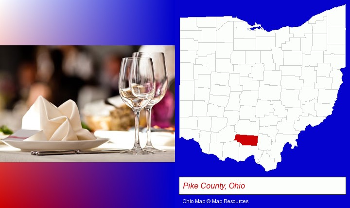 a restaurant table place setting; Pike County, Ohio highlighted in red on a map