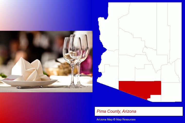 a restaurant table place setting; Pima County, Arizona highlighted in red on a map