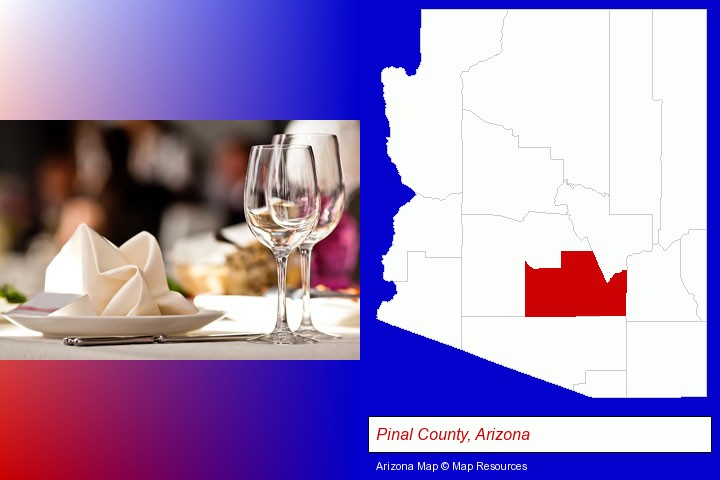 a restaurant table place setting; Pinal County, Arizona highlighted in red on a map