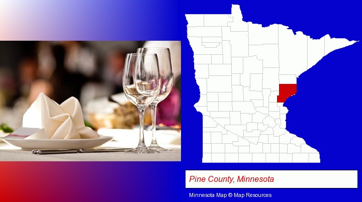 a restaurant table place setting; Pine County, Minnesota highlighted in red on a map