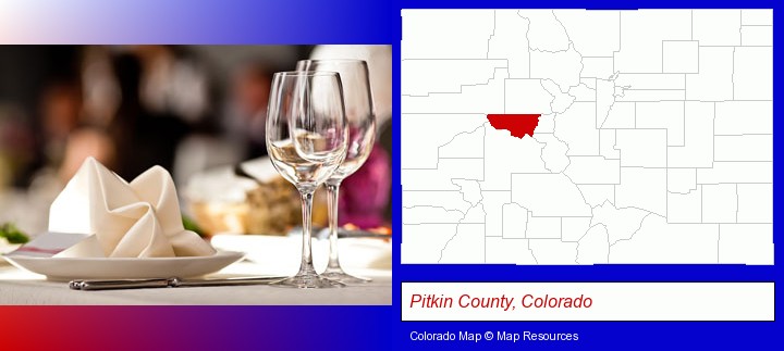a restaurant table place setting; Pitkin County, Colorado highlighted in red on a map