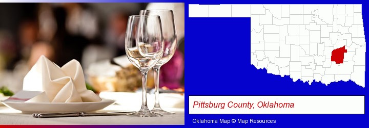 a restaurant table place setting; Pittsburg County, Oklahoma highlighted in red on a map
