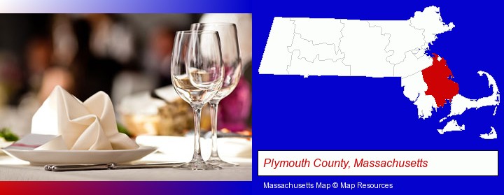 a restaurant table place setting; Plymouth County, Massachusetts highlighted in red on a map