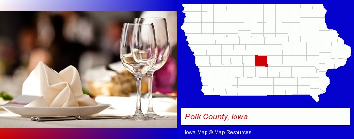 a restaurant table place setting; Polk County, Iowa highlighted in red on a map