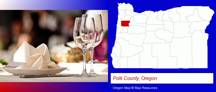 a restaurant table place setting; Polk County, Oregon highlighted in red on a map