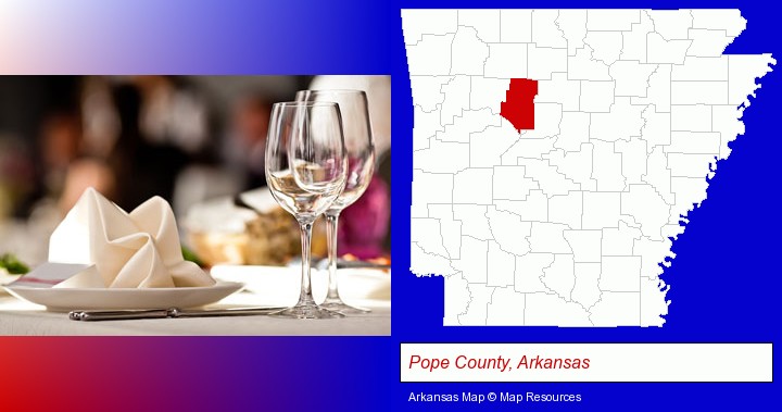 a restaurant table place setting; Pope County, Arkansas highlighted in red on a map