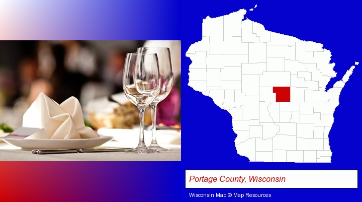 a restaurant table place setting; Portage County, Wisconsin highlighted in red on a map