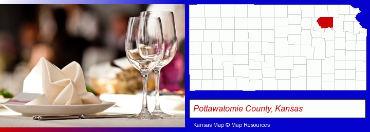 a restaurant table place setting; Pottawatomie County, Kansas highlighted in red on a map