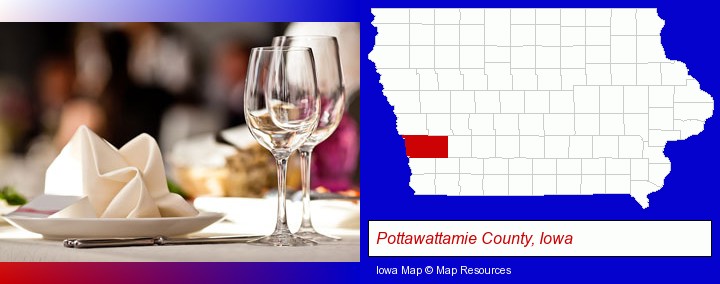 a restaurant table place setting; Pottawattamie County, Iowa highlighted in red on a map