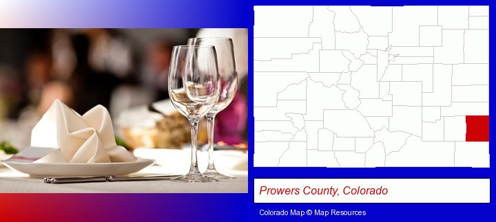 a restaurant table place setting; Prowers County, Colorado highlighted in red on a map