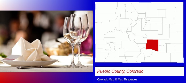 a restaurant table place setting; Pueblo County, Colorado highlighted in red on a map