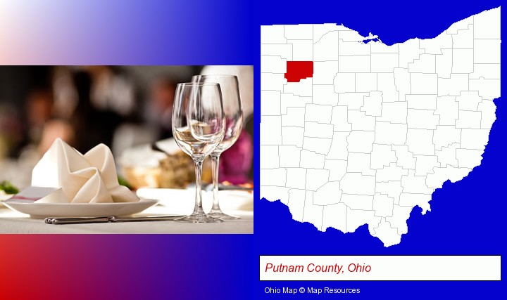 a restaurant table place setting; Putnam County, Ohio highlighted in red on a map