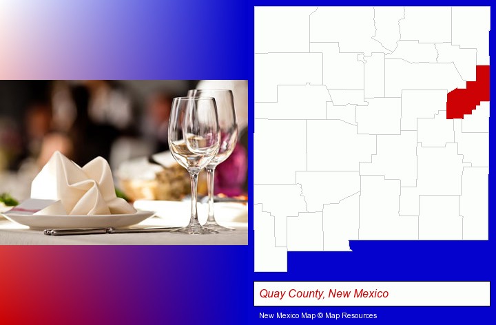 a restaurant table place setting; Quay County, New Mexico highlighted in red on a map