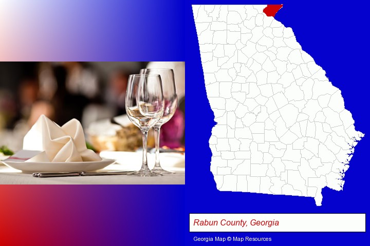 a restaurant table place setting; Rabun County, Georgia highlighted in red on a map