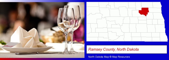 a restaurant table place setting; Ramsey County, North Dakota highlighted in red on a map