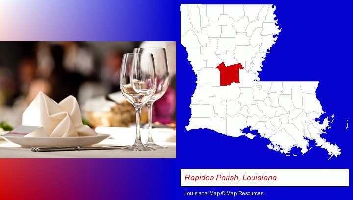a restaurant table place setting; Rapides Parish, Louisiana highlighted in red on a map
