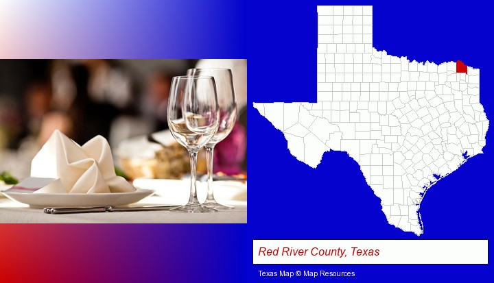 a restaurant table place setting; Red River County, Texas highlighted in red on a map