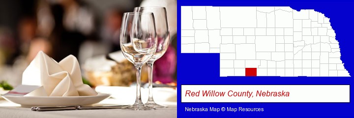 a restaurant table place setting; Red Willow County, Nebraska highlighted in red on a map