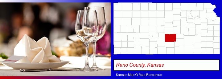 a restaurant table place setting; Reno County, Kansas highlighted in red on a map