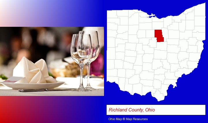 a restaurant table place setting; Richland County, Ohio highlighted in red on a map