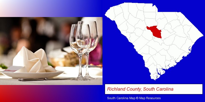 a restaurant table place setting; Richland County, South Carolina highlighted in red on a map