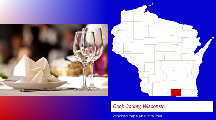 a restaurant table place setting; Rock County, Wisconsin highlighted in red on a map