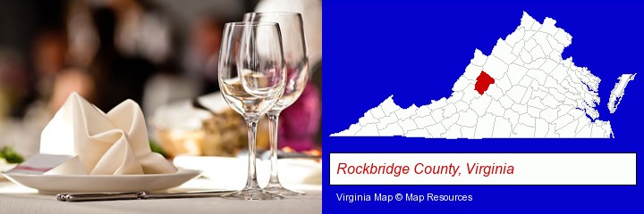 a restaurant table place setting; Rockbridge County, Virginia highlighted in red on a map