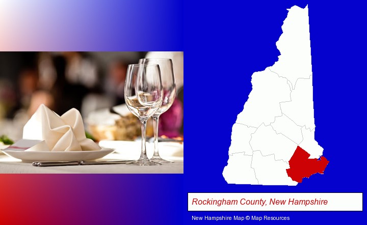 a restaurant table place setting; Rockingham County, New Hampshire highlighted in red on a map