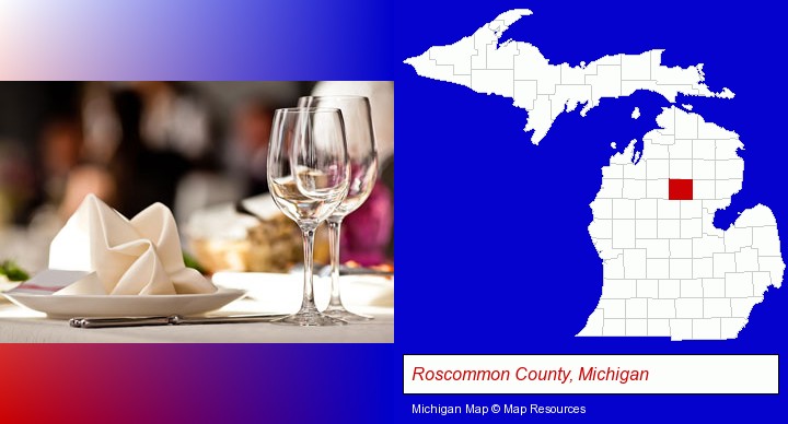 a restaurant table place setting; Roscommon County, Michigan highlighted in red on a map