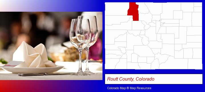 a restaurant table place setting; Routt County, Colorado highlighted in red on a map