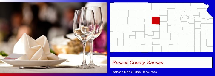 a restaurant table place setting; Russell County, Kansas highlighted in red on a map