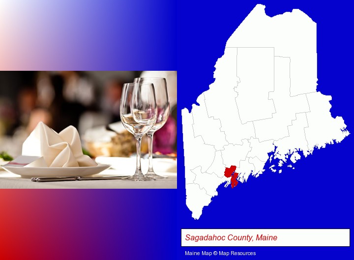 a restaurant table place setting; Sagadahoc County, Maine highlighted in red on a map