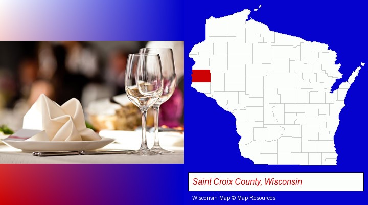 a restaurant table place setting; Saint Croix County, Wisconsin highlighted in red on a map